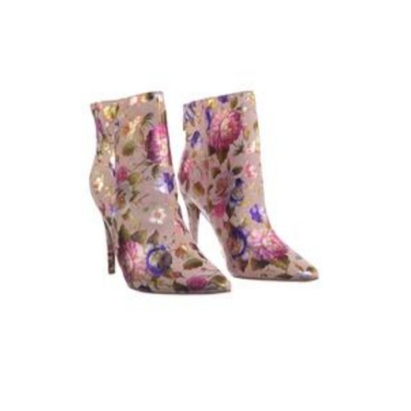 Pink Faux-Fur Lined Floral Silhouette Jacquard Stiletto HighHeel Booties - Picture 10 of 10